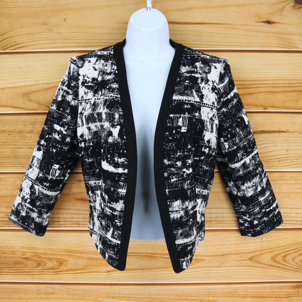 Nine West Open Front Blazer Jacket Womens 6‎ Black White Geometric Shoulder Pads